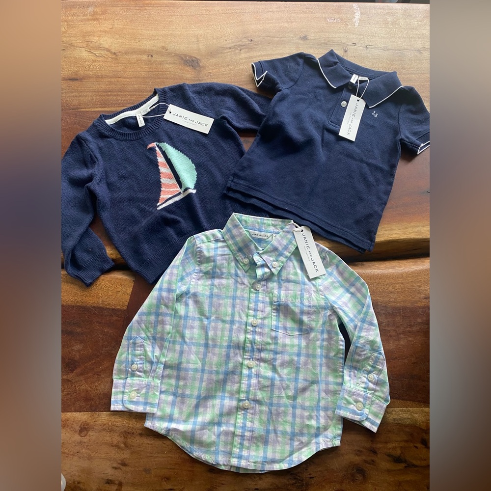 Janie and Jack Navy and Plaid Kids Tops Set